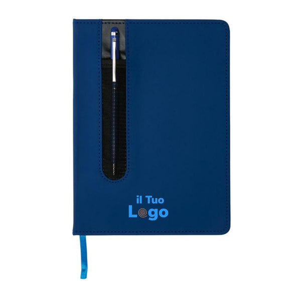 Taccuino A5 Basic con copertina rigida in PU e penna touch blu navy - personalizzabile con logo