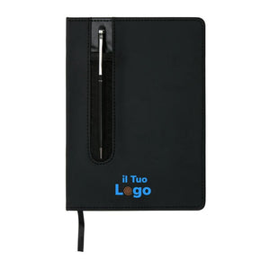 Taccuino A5 Basic con copertina rigida in PU e penna touch nero - personalizzabile con logo