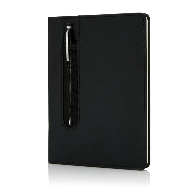 Taccuino A5 Basic con copertina rigida in PU e penna touch nero - personalizzabile con logo