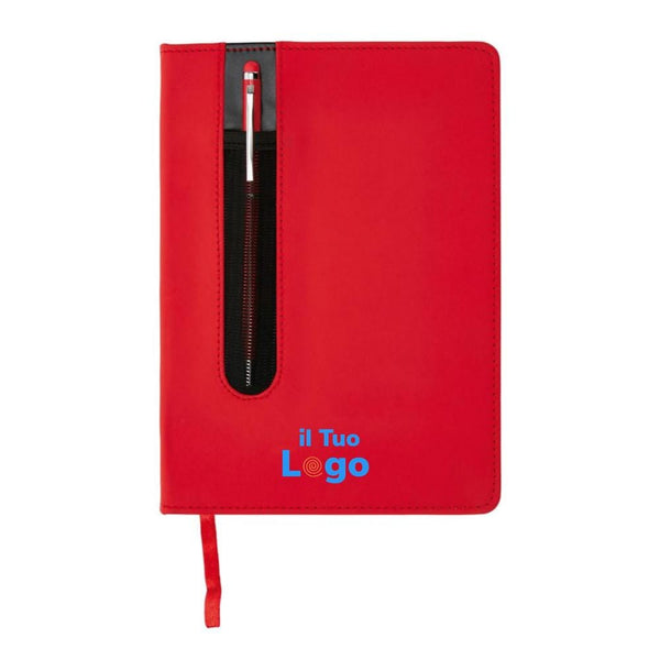 Taccuino A5 Basic con copertina rigida in PU e penna touch rosso - personalizzabile con logo