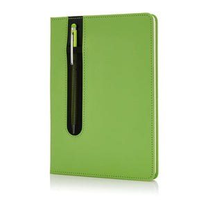 Taccuino A5 Basic con copertina rigida in PU e penna touch verde - personalizzabile con logo