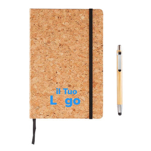 Taccuino A5 Cork con penna in bambù marrone - personalizzabile con logo