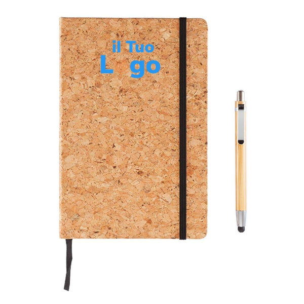 Taccuino A5 Cork con penna in bambù marrone - personalizzabile con logo