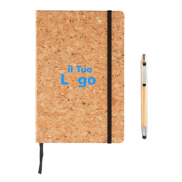 Taccuino A5 Cork con penna in bambù marrone - personalizzabile con logo