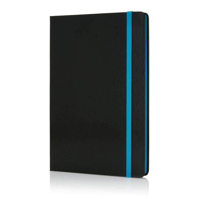Taccuino A5 Deluxe con copertina rigida con bordo pagine colorate blu - personalizzabile con logo