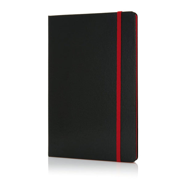 Taccuino A5 Deluxe con copertina rigida con bordo pagine colorate rosso ciliegio, nero - personalizzabile con logo