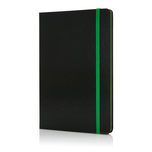 Taccuino A5 Deluxe con copertina rigida con bordo pagine colorate verde - personalizzabile con logo