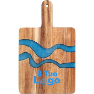 Tagliere in legno di acacia con dettagli in resina beige - personalizzabile con logo