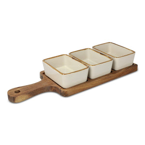 Taliere da portata in legno con 3 ciotole in ceramica beige - personalizzabile con logo