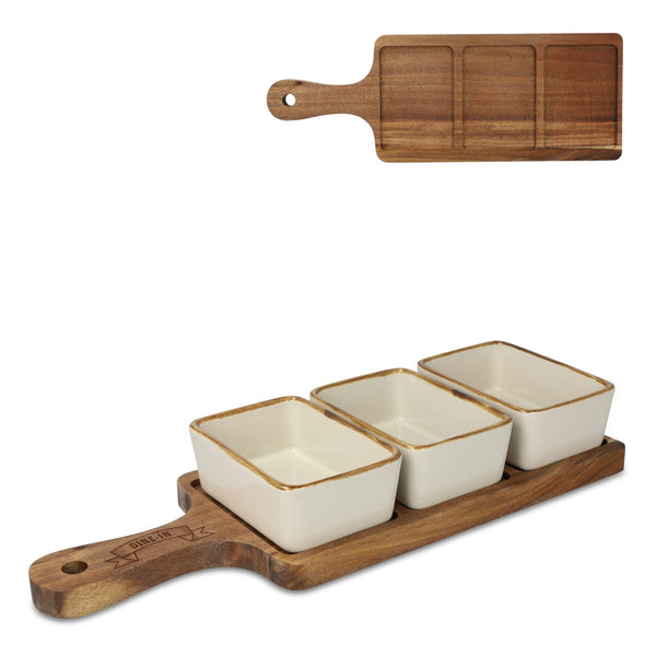 Taliere da portata in legno con 3 ciotole in ceramica beige - personalizzabile con logo