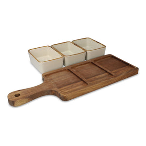 Taliere da portata in legno con 3 ciotole in ceramica beige - personalizzabile con logo