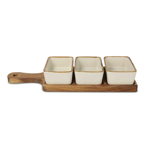 Taliere da portata in legno con 3 ciotole in ceramica beige - personalizzabile con logo