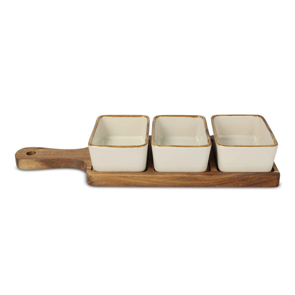 Taliere da portata in legno con 3 ciotole in ceramica beige - personalizzabile con logo