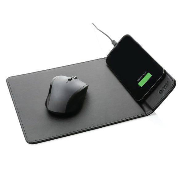 Tappetino mouse con ricarica wireless 10W in PU riciclato nero - personalizzabile con logo