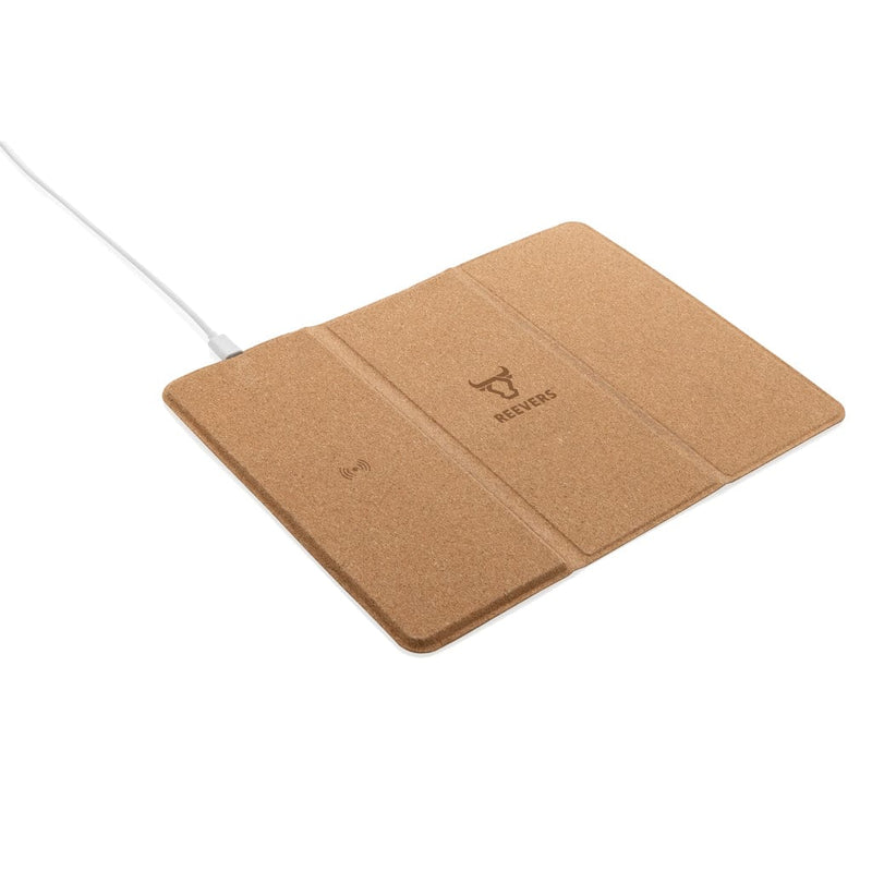 Tappetino mouse e caricatore wireless 10W in sughero marrone - personalizzabile con logo