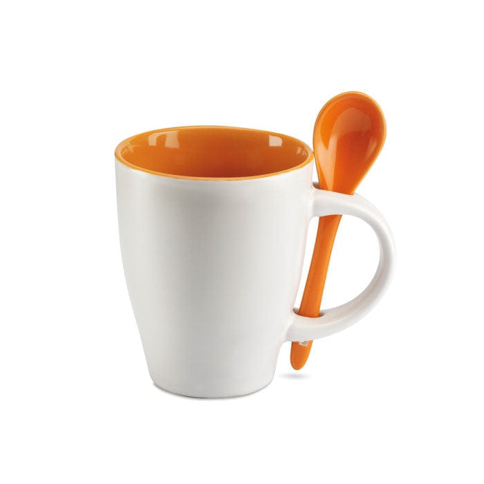 Tazza bicolore con cucchiaino arancione - personalizzabile con logo