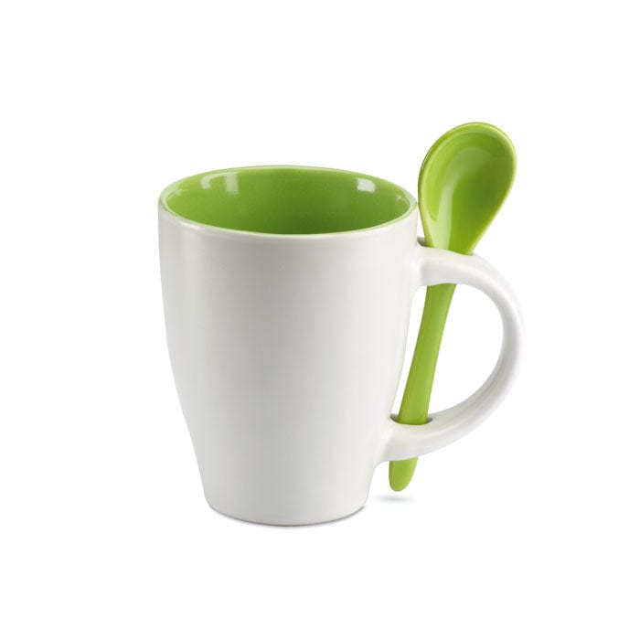 Tazza bicolore con cucchiaino verde - personalizzabile con logo