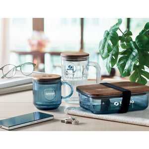 Tazza in vetro a coste da 300 ml blu - personalizzabile con logo