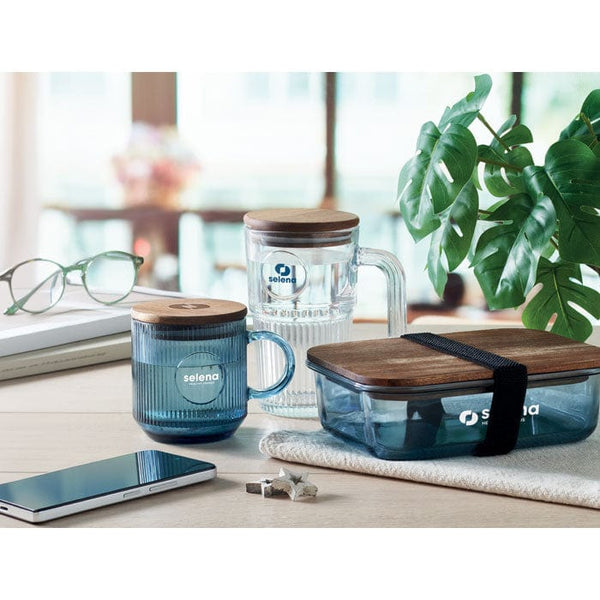 Tazza in vetro a coste da 300 ml blu - personalizzabile con logo