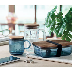Tazza in vetro a coste da 300 ml blu - personalizzabile con logo