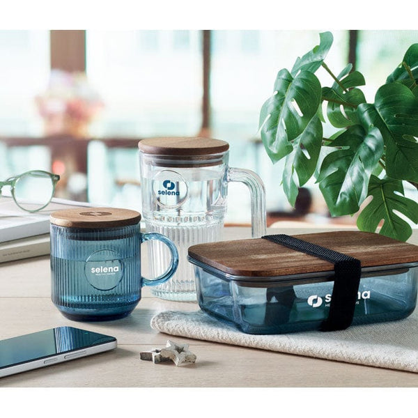 Tazza in vetro a coste da 300 ml blu - personalizzabile con logo