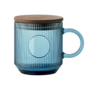 Tazza in vetro a coste da 300 ml blu - personalizzabile con logo