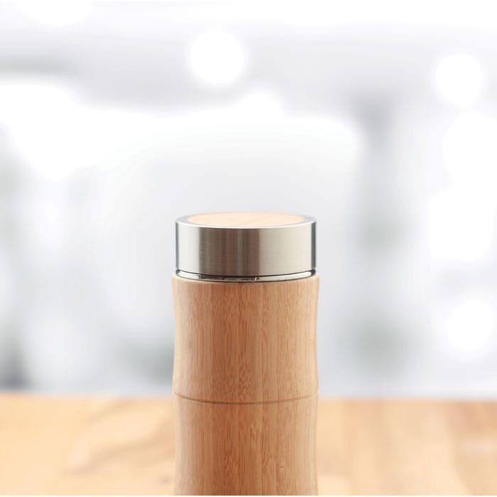 Thermos doppio strato 350 ml con coperchio in bamboo beige - personalizzabile con logo