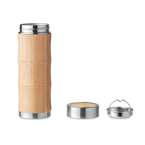 Thermos doppio strato 350 ml con coperchio in bamboo beige - personalizzabile con logo