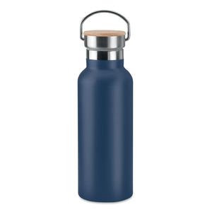 Thermos doppio strato 500 ml con coperchio in bamboo con manico blu navy - personalizzabile con logo