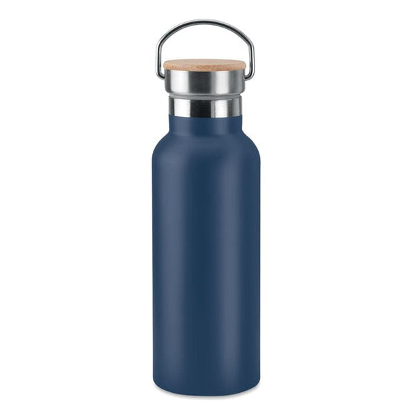 Thermos doppio strato 500 ml con coperchio in bamboo con manico blu navy - personalizzabile con logo