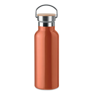 Thermos doppio strato 500 ml con coperchio in bamboo con manico arancione - personalizzabile con logo