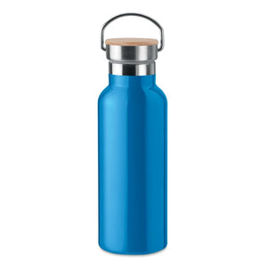 Thermos doppio strato 500 ml con coperchio in bamboo con manico azzurro - personalizzabile con logo