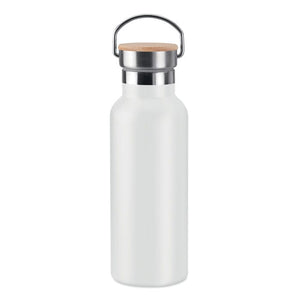 Thermos doppio strato 500 ml con coperchio in bamboo con manico bianco - personalizzabile con logo