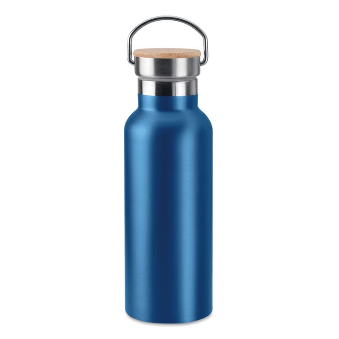 Thermos doppio strato 500 ml con coperchio in bamboo con manico blu - personalizzabile con logo