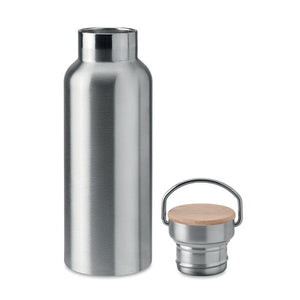 Thermos doppio strato 500 ml con coperchio in bamboo con manico color argento - personalizzabile con logo