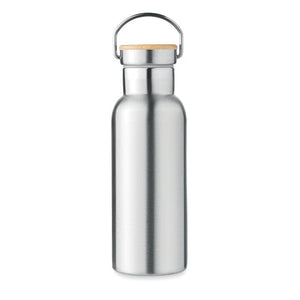 Thermos doppio strato 500 ml con coperchio in bamboo con manico - personalizzabile con logo