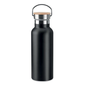 Thermos doppio strato 500 ml con coperchio in bamboo con manico Nero - personalizzabile con logo