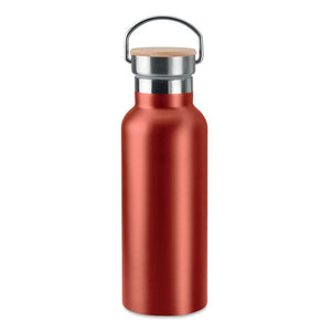 Thermos doppio strato 500 ml con coperchio in bamboo con manico rosso - personalizzabile con logo