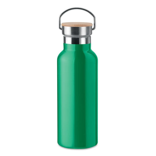 Thermos doppio strato 500 ml con coperchio in bamboo con manico verde - personalizzabile con logo