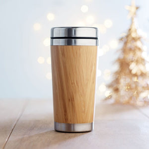 Thermos doppio strato bamboo con tappo in PP beige - personalizzabile con logo