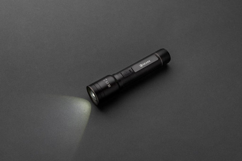 Torcia heavu duty ricaricabile USB Gear X in r-alluminio RCS nero - personalizzabile con logo