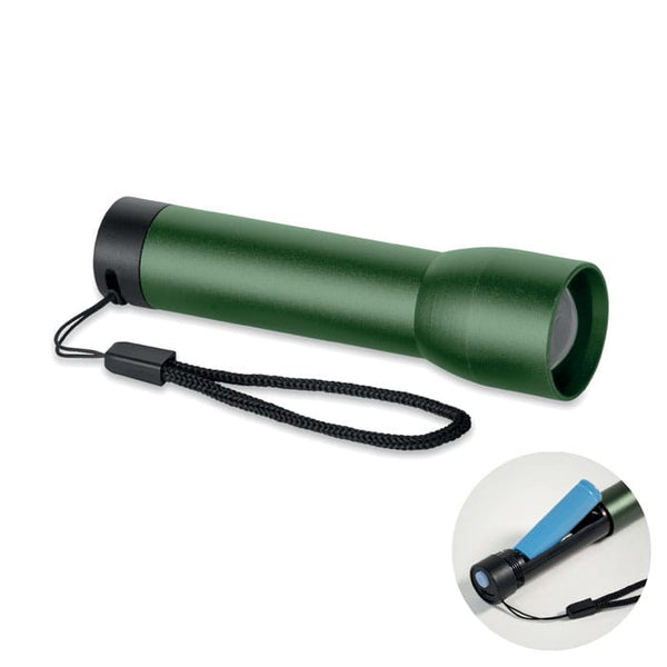 Torcia ricaricabile in alluminio riciclato verde - personalizzabile con logo