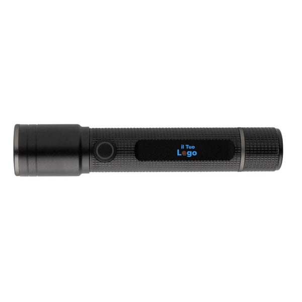 Torcia ricaricabile USB Gear X in r-alluminio RCS nero - personalizzabile con logo