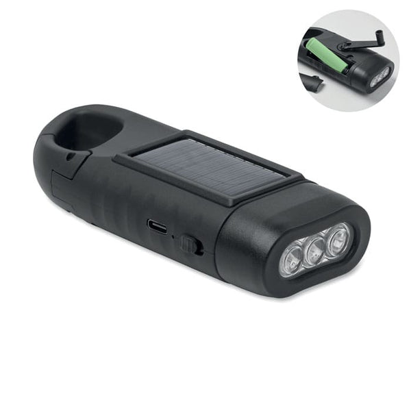 Torcia solare con dinamo Nero - personalizzabile con logo