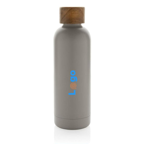 Bottiglia termica Wood in acciaio riciclato  certificato RCS grigio - personalizzabile con logo