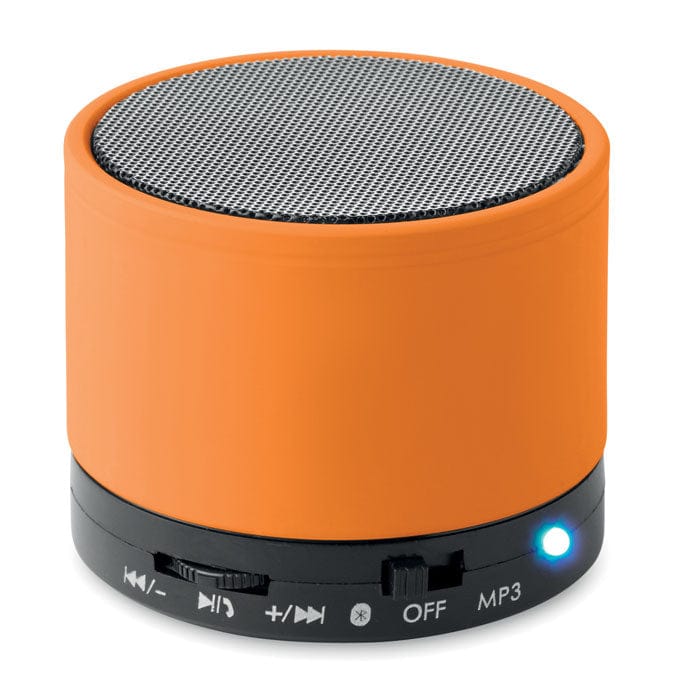 Speaker wireless rotondo in ABS con finitura gommata e LED arancione - personalizzabile con logo