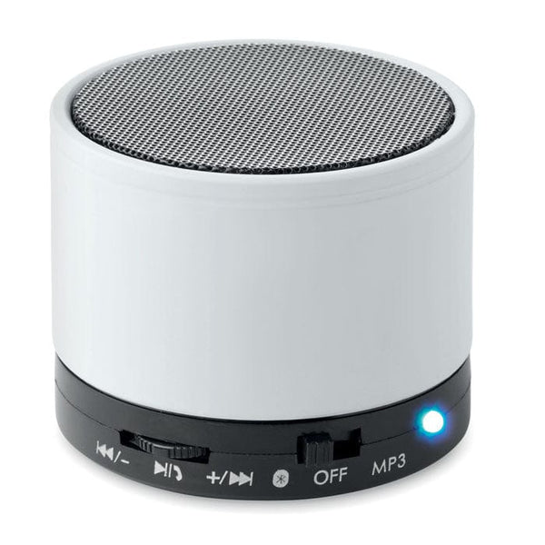 Speaker wireless rotondo in ABS con finitura gommata e LED bianco - personalizzabile con logo