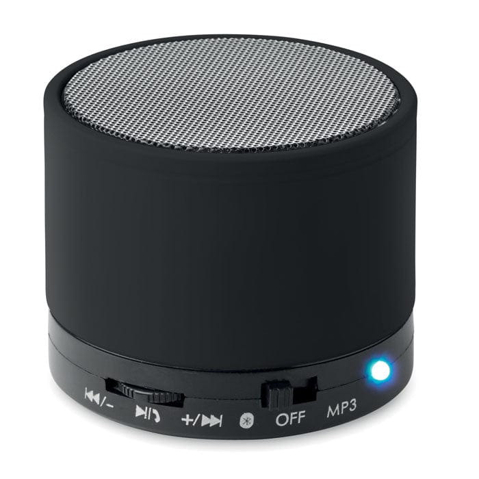 Speaker wireless rotondo in ABS con finitura gommata e LED Nero - personalizzabile con logo