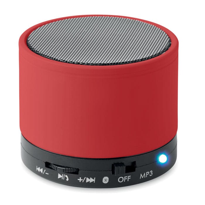 Speaker wireless rotondo in ABS con finitura gommata e LED rosso - personalizzabile con logo