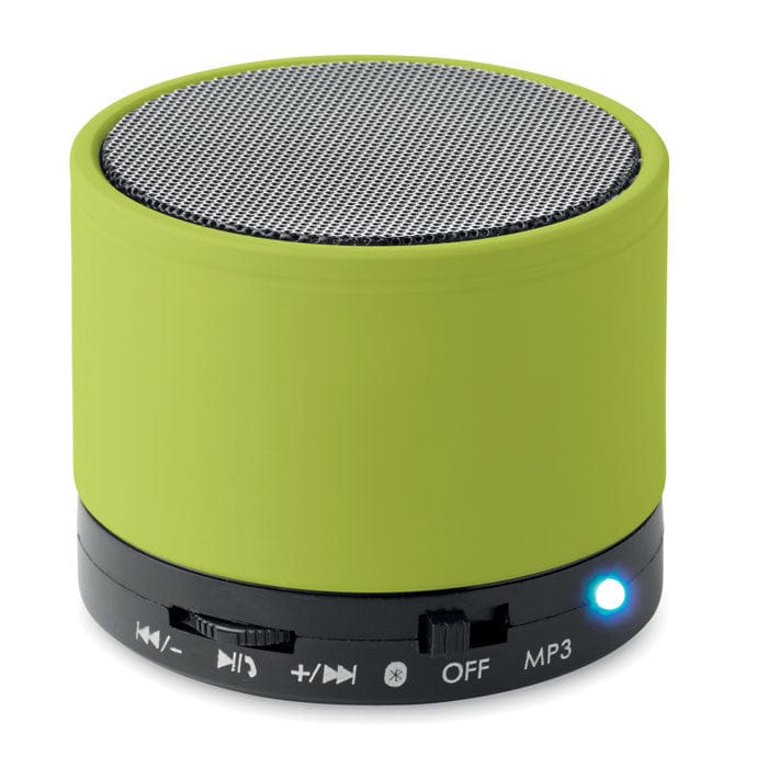 Speaker wireless rotondo in ABS con finitura gommata e LED verde calce - personalizzabile con logo